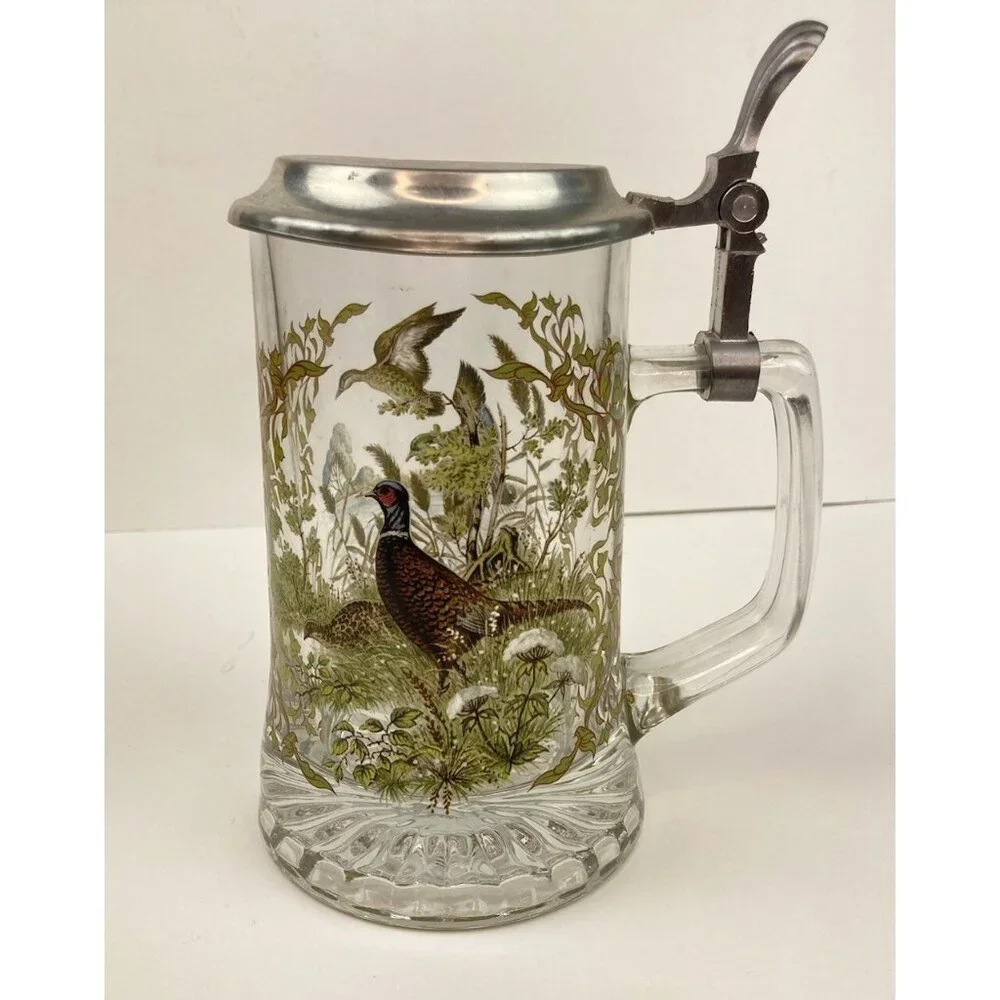 Set of 7 Vtg Glass Beer Stein Silver Top Colored Wildlife Forest Scene 6.5